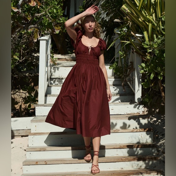 Doen Quinn cotton poplin puff sleeve midi dress in Amberwood rust - Picture 2 of 9